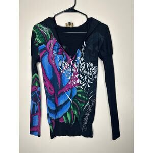 Women’s Small Christian Audigier Los Angeles Black Hooded Sweater Bling Panther